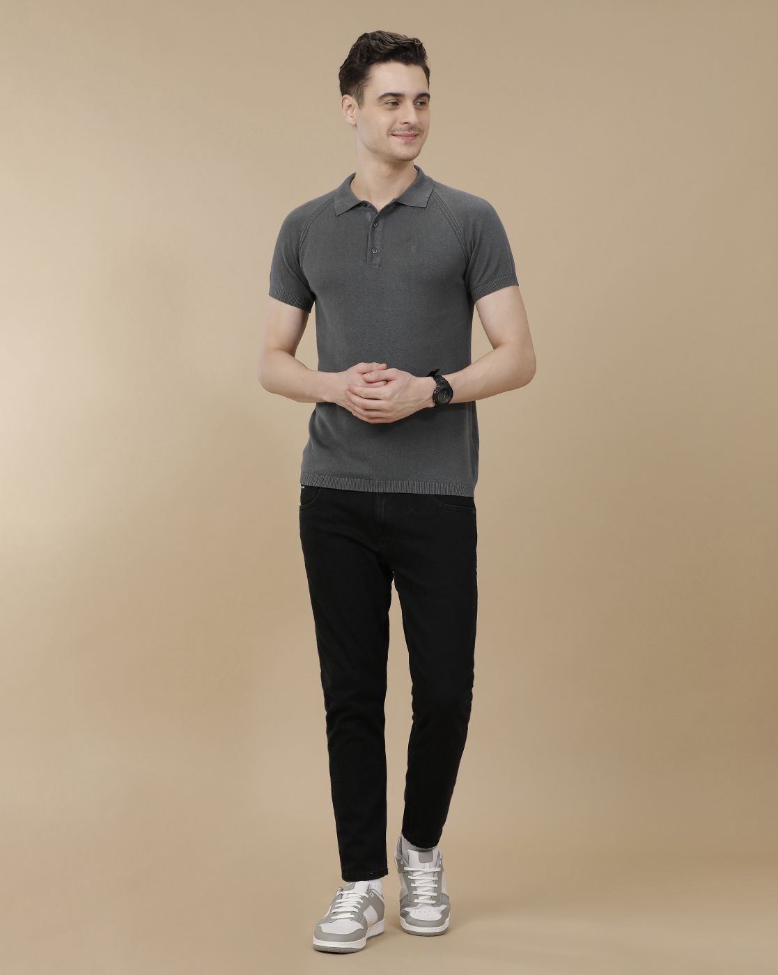 CAVALLO by Linen Club Men's Linen Cotton Grey Solid Contemporary Fit Half Sleeve Polo Neck T-Shirt