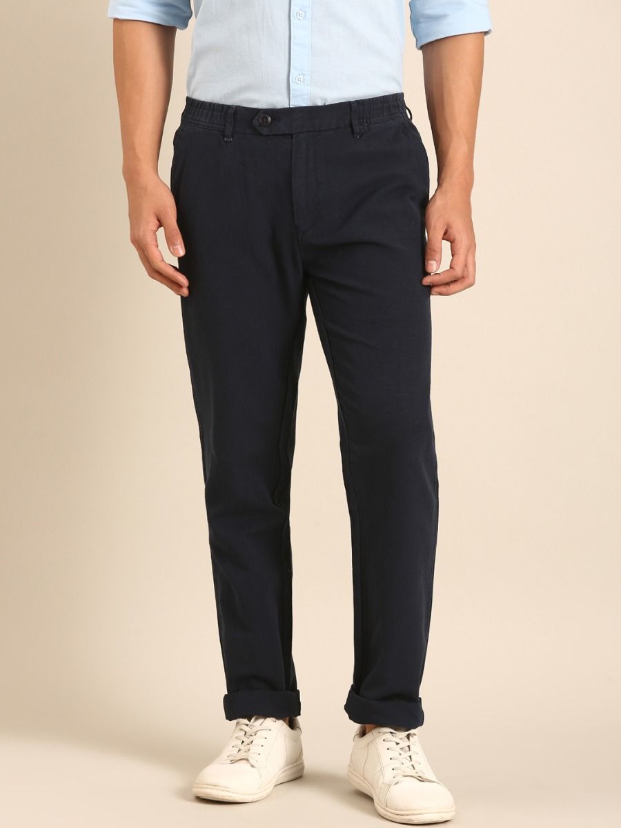 CAVALLO by Linen Club Men's Blended Linen Dark Blue Solid Contemporary Fit Casual Trouser