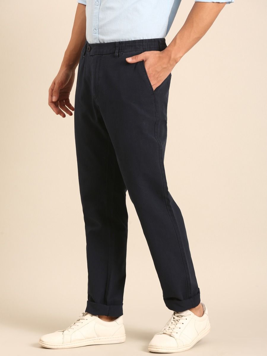 CAVALLO by Linen Club Men's Blended Linen Dark Blue Solid Contemporary Fit Casual Trouser