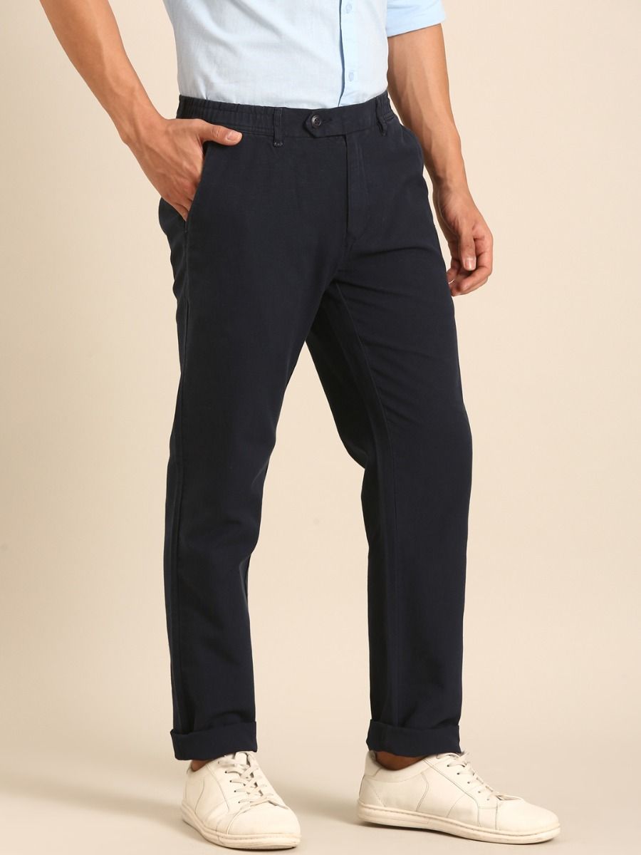 CAVALLO by Linen Club Men's Blended Linen Dark Blue Solid Contemporary Fit Casual Trouser
