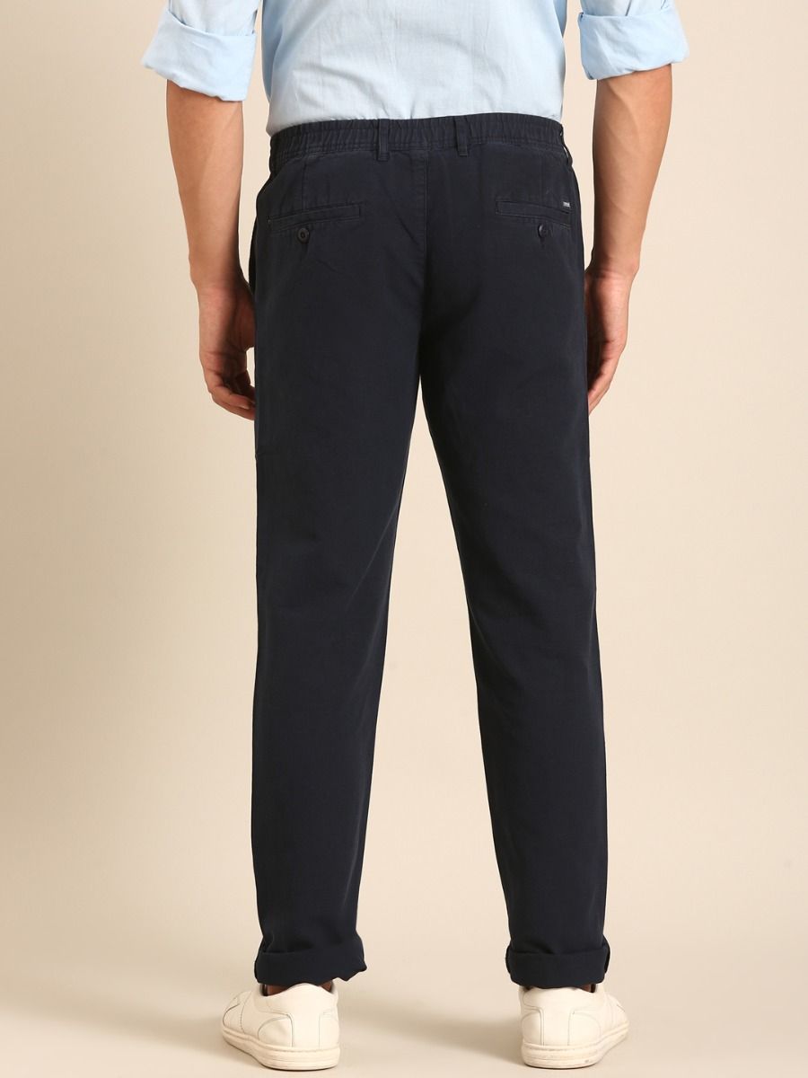 CAVALLO by Linen Club Men's Blended Linen Dark Blue Solid Contemporary Fit Casual Trouser
