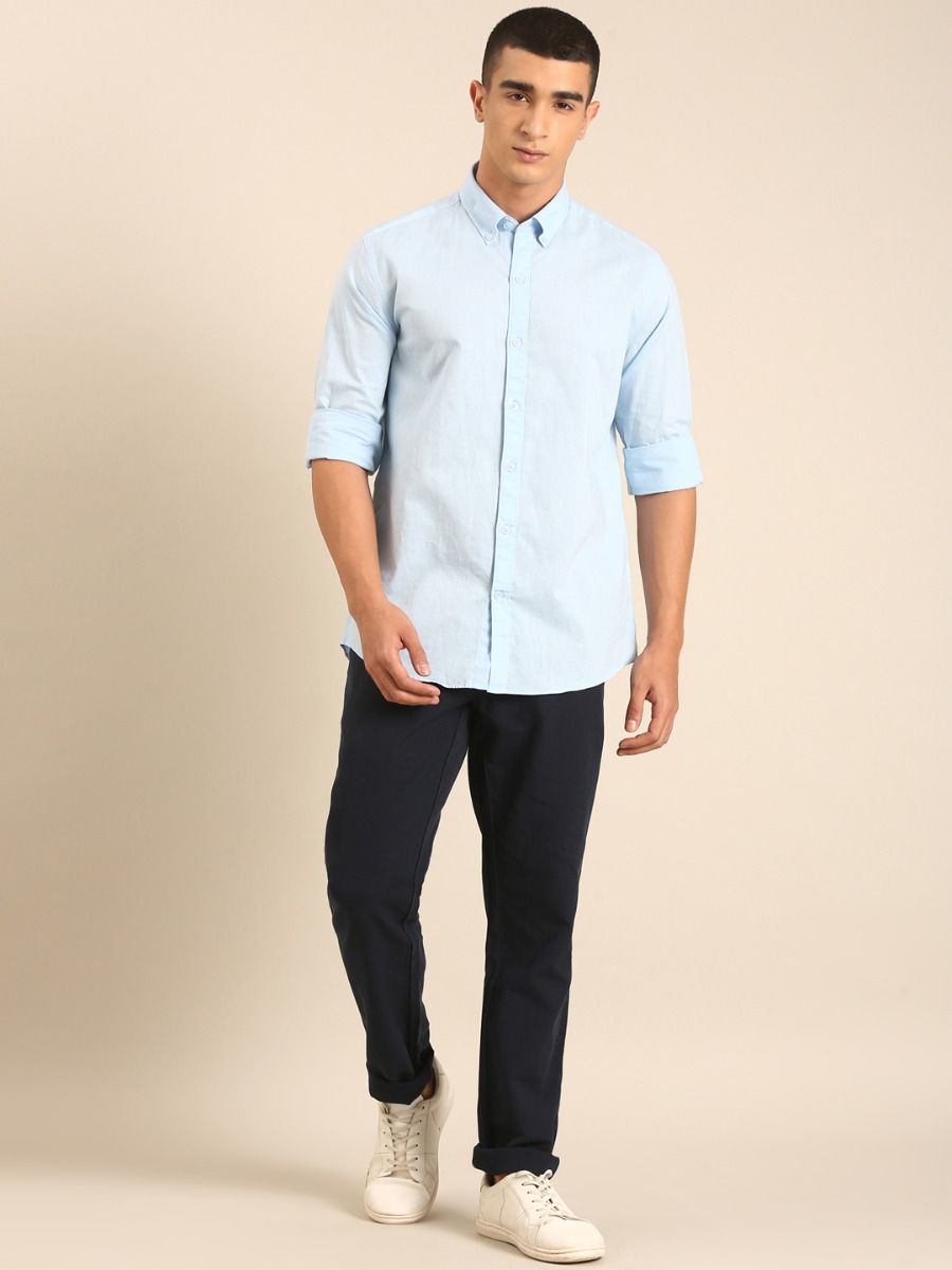 CAVALLO by Linen Club Men's Blended Linen Dark Blue Solid Contemporary Fit Casual Trouser