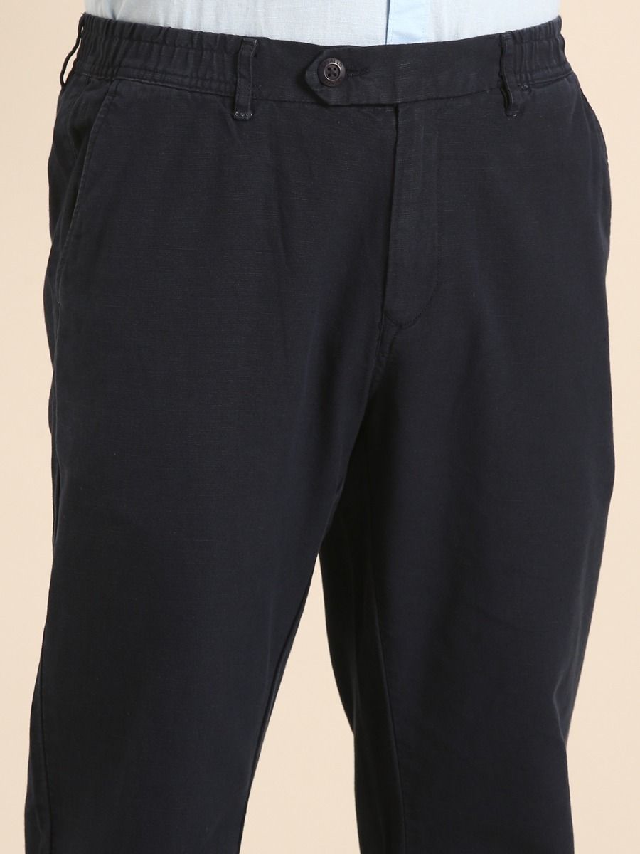 CAVALLO by Linen Club Men's Blended Linen Dark Blue Solid Contemporary Fit Casual Trouser
