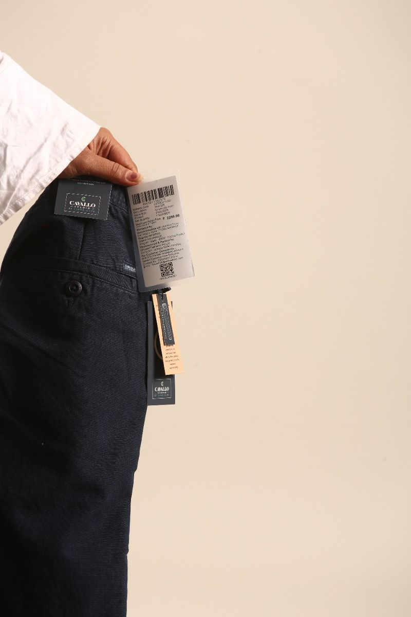 CAVALLO by Linen Club Men's Blended Linen Dark Blue Solid Contemporary Fit Casual Trouser