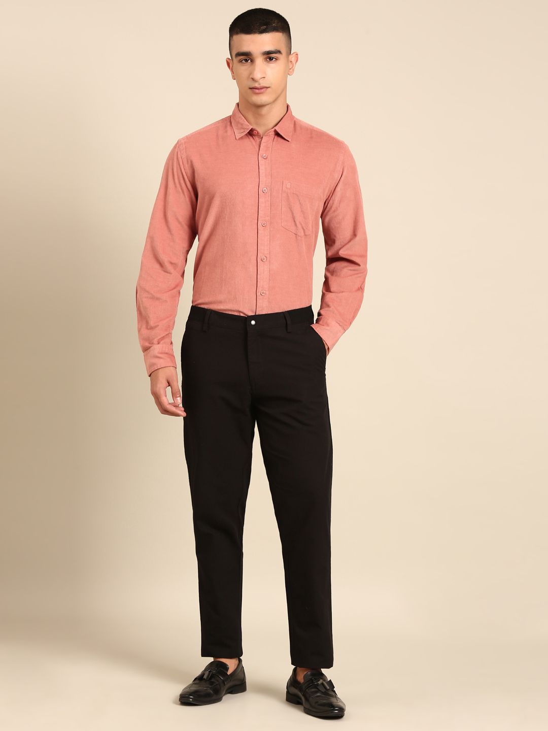 CAVALLO By Linen Club Men's Blended Linen Black Solid Contemporary Fit Casual Trouser