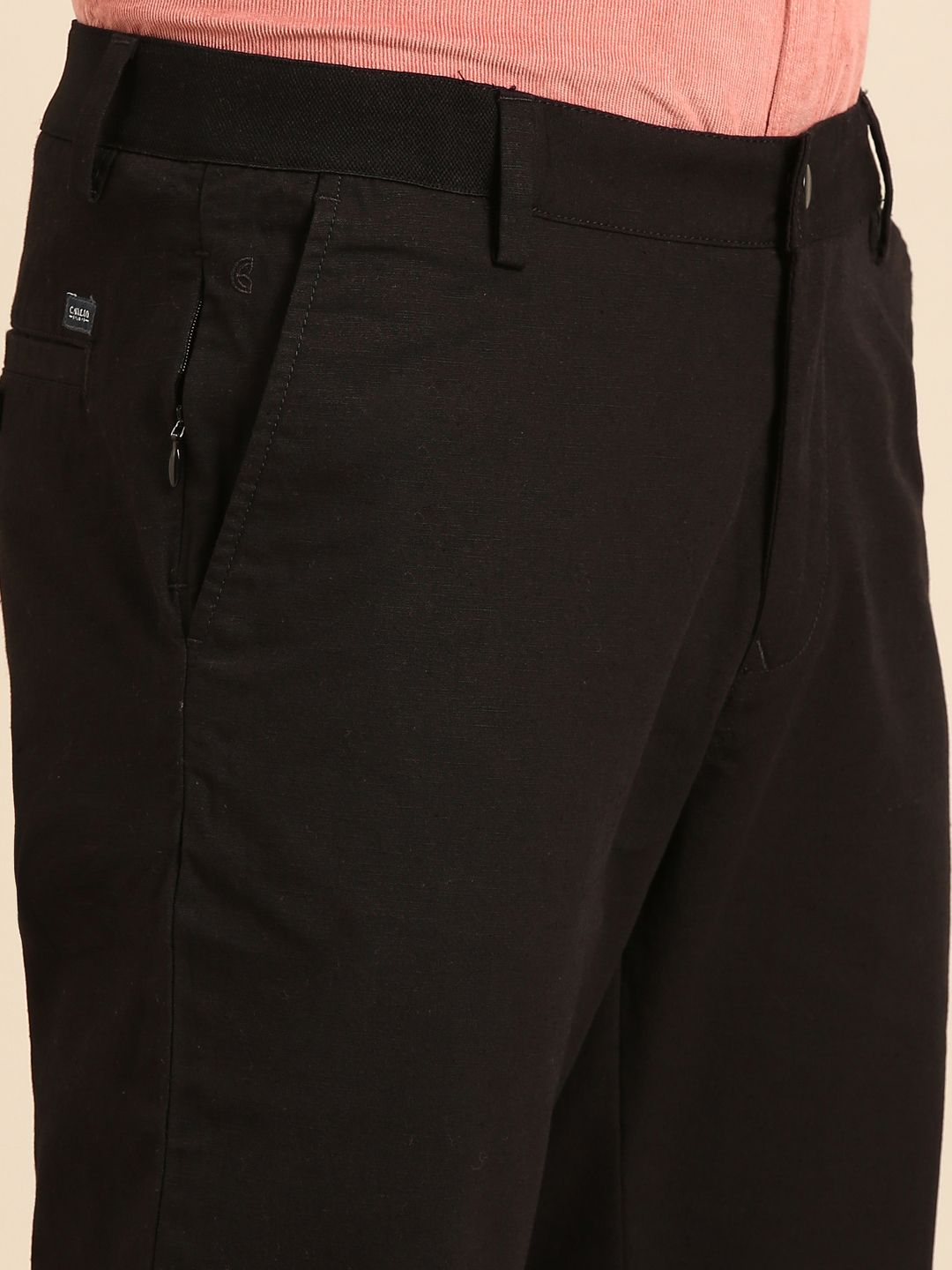 CAVALLO By Linen Club Men's Blended Linen Black Solid Contemporary Fit Casual Trouser