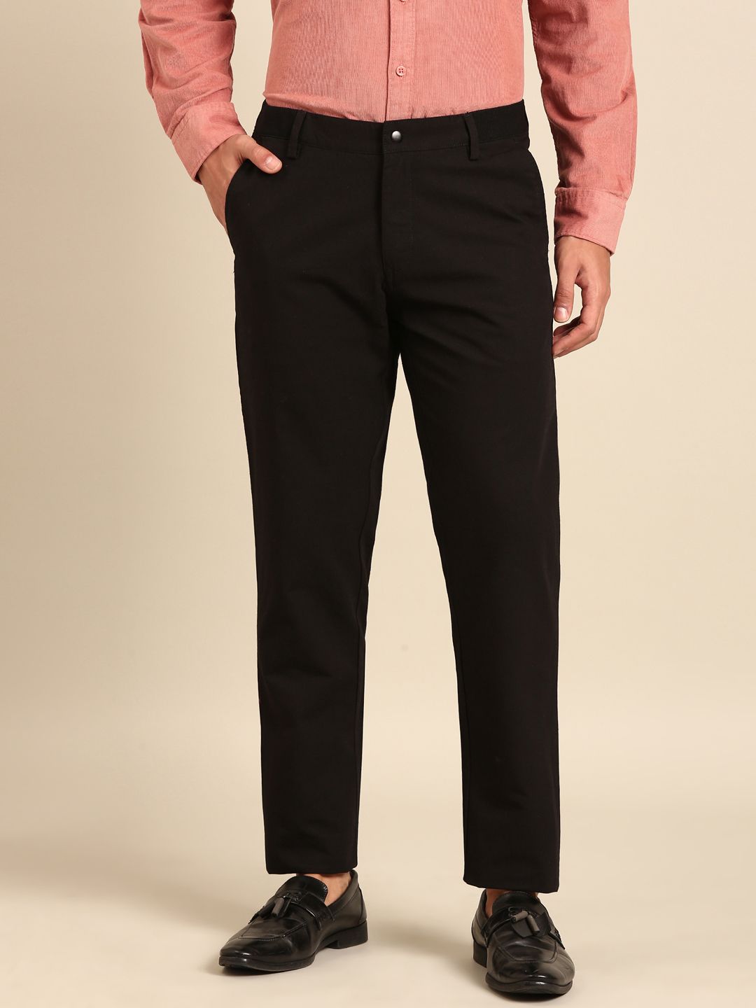 CAVALLO By Linen Club Men's Blended Linen Black Solid Contemporary Fit Casual Trouser