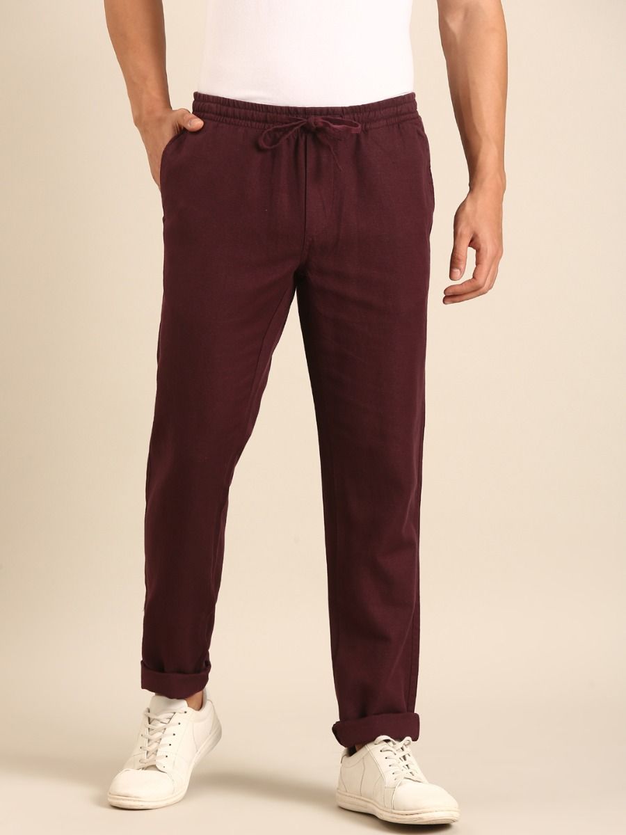 CAVALLO by Linen Club Men's Blended Linen Maroon Solid Contemporary Fit Casual Trouser