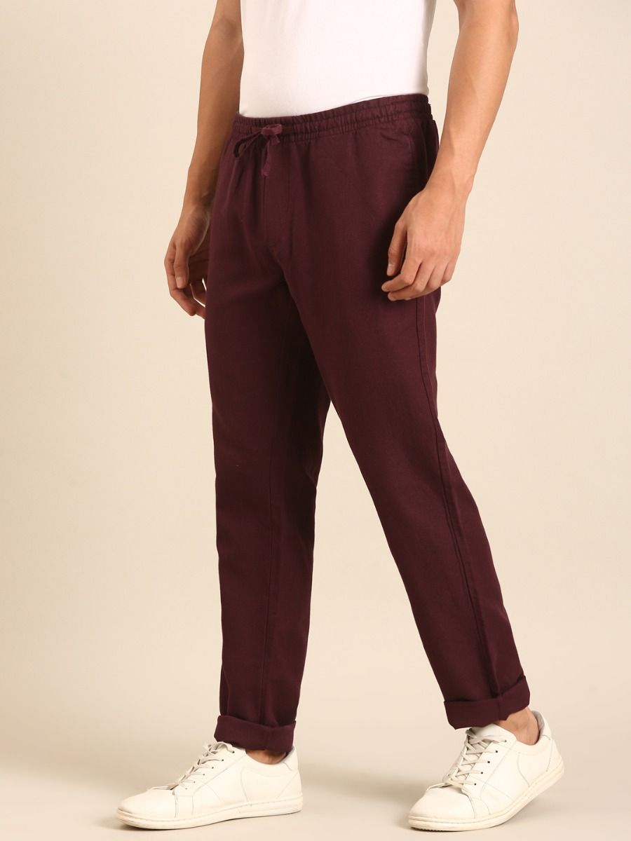 CAVALLO by Linen Club Men's Blended Linen Maroon Solid Contemporary Fit Casual Trouser