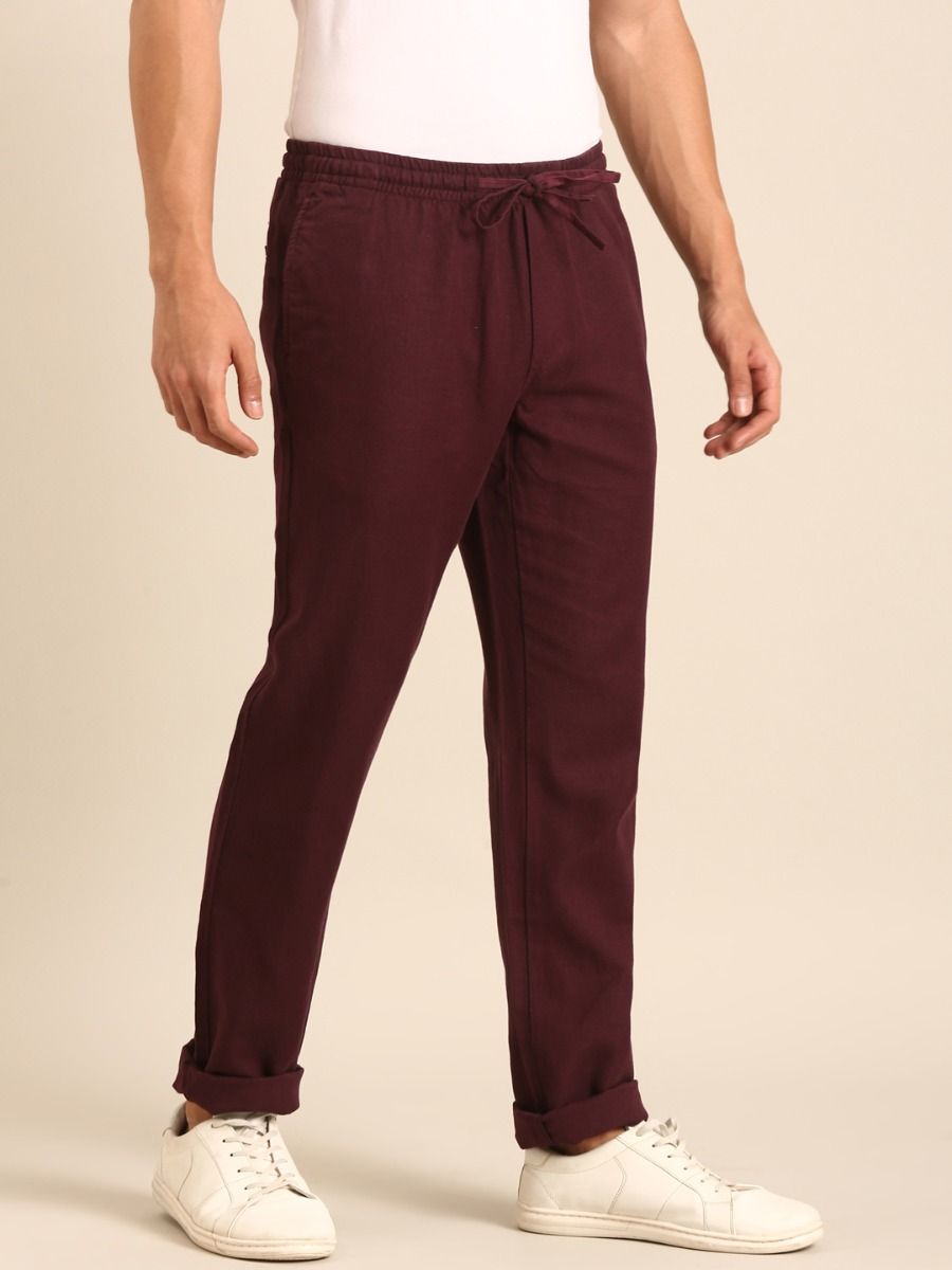 CAVALLO by Linen Club Men's Blended Linen Maroon Solid Contemporary Fit Casual Trouser