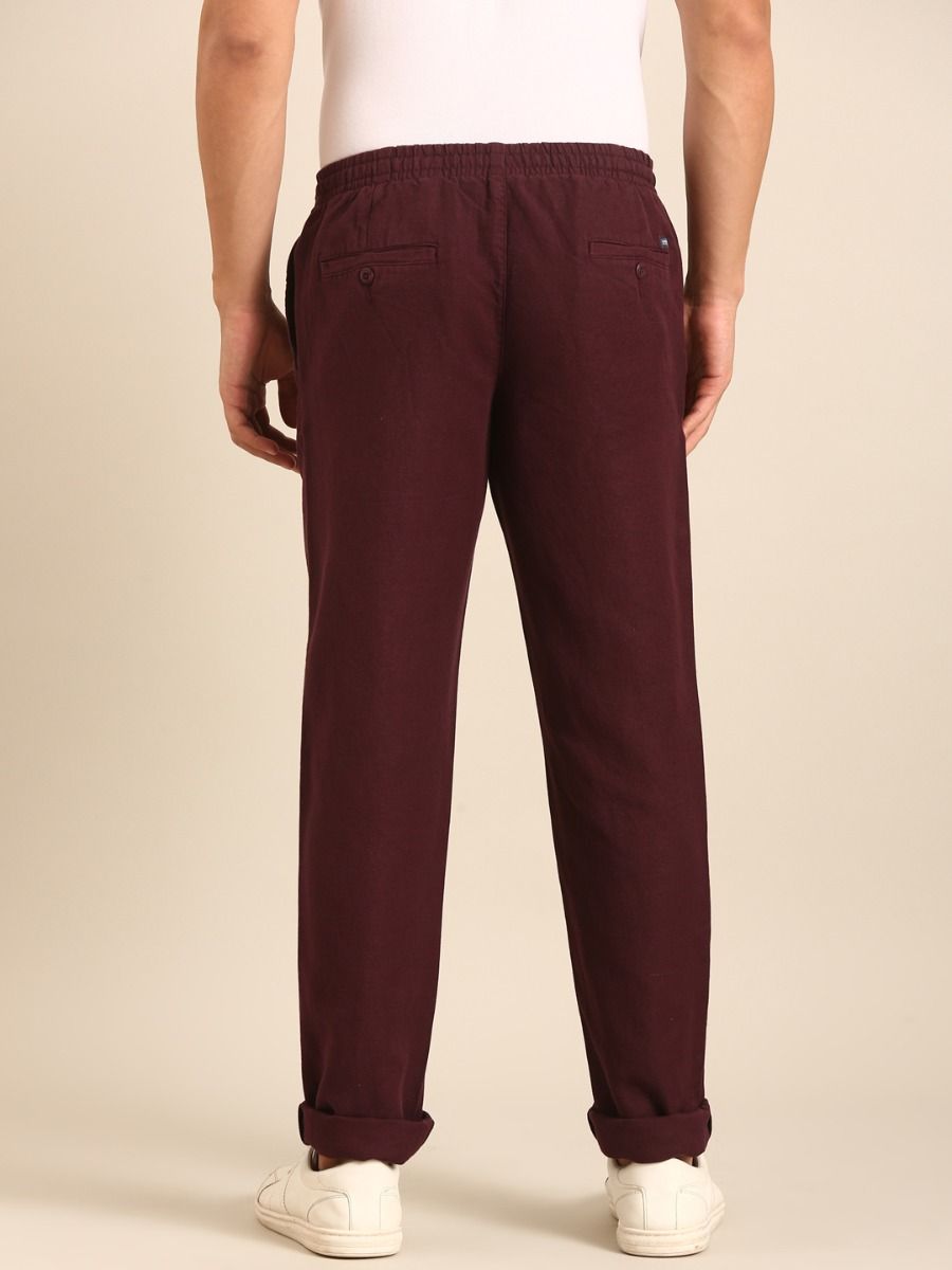 CAVALLO by Linen Club Men's Blended Linen Maroon Solid Contemporary Fit Casual Trouser