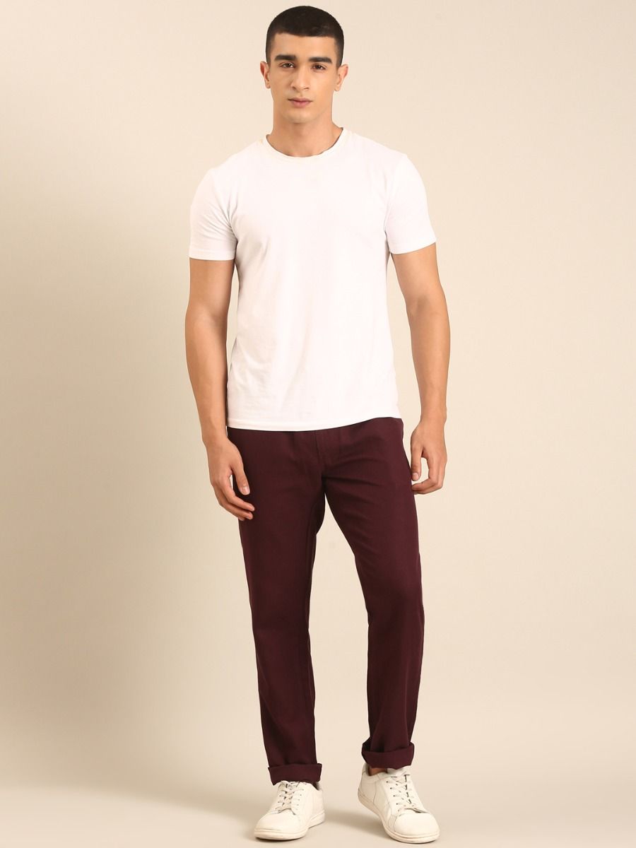CAVALLO by Linen Club Men's Blended Linen Maroon Solid Contemporary Fit Casual Trouser