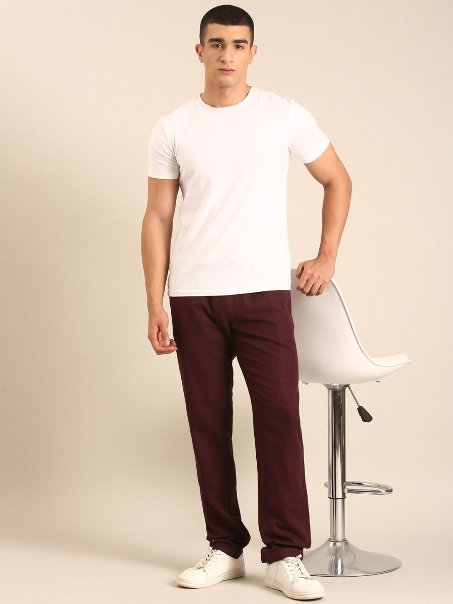 CAVALLO by Linen Club Men's Blended Linen Maroon Solid Contemporary Fit Casual Trouser