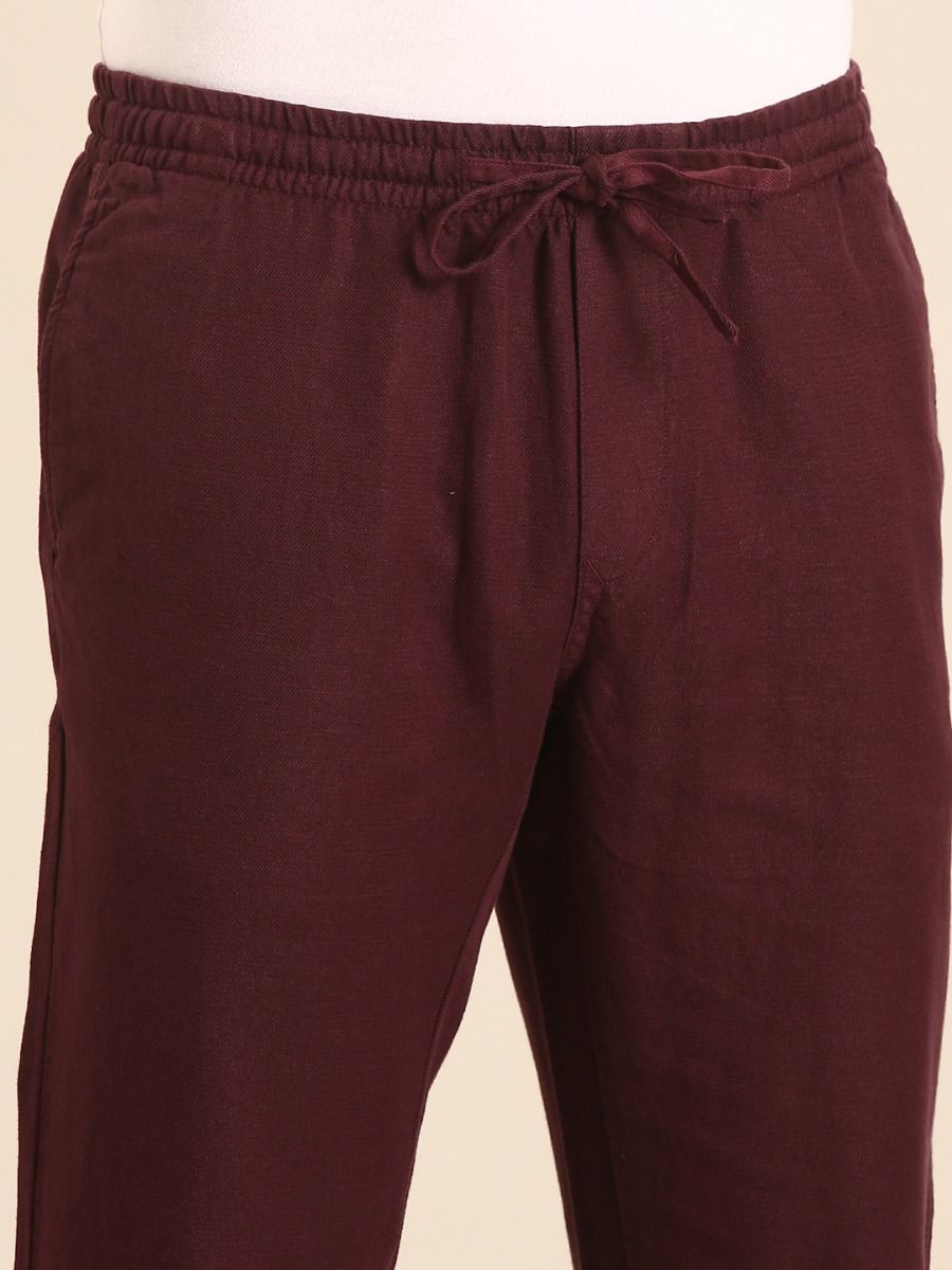 CAVALLO by Linen Club Men's Blended Linen Maroon Solid Contemporary Fit Casual Trouser