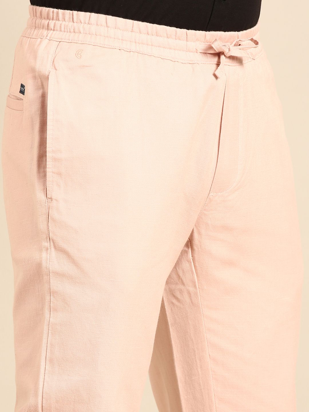 CAVALLO By Linen Club Men's Blended Linen Pink Solid Contemporary Fit Casual Trouser