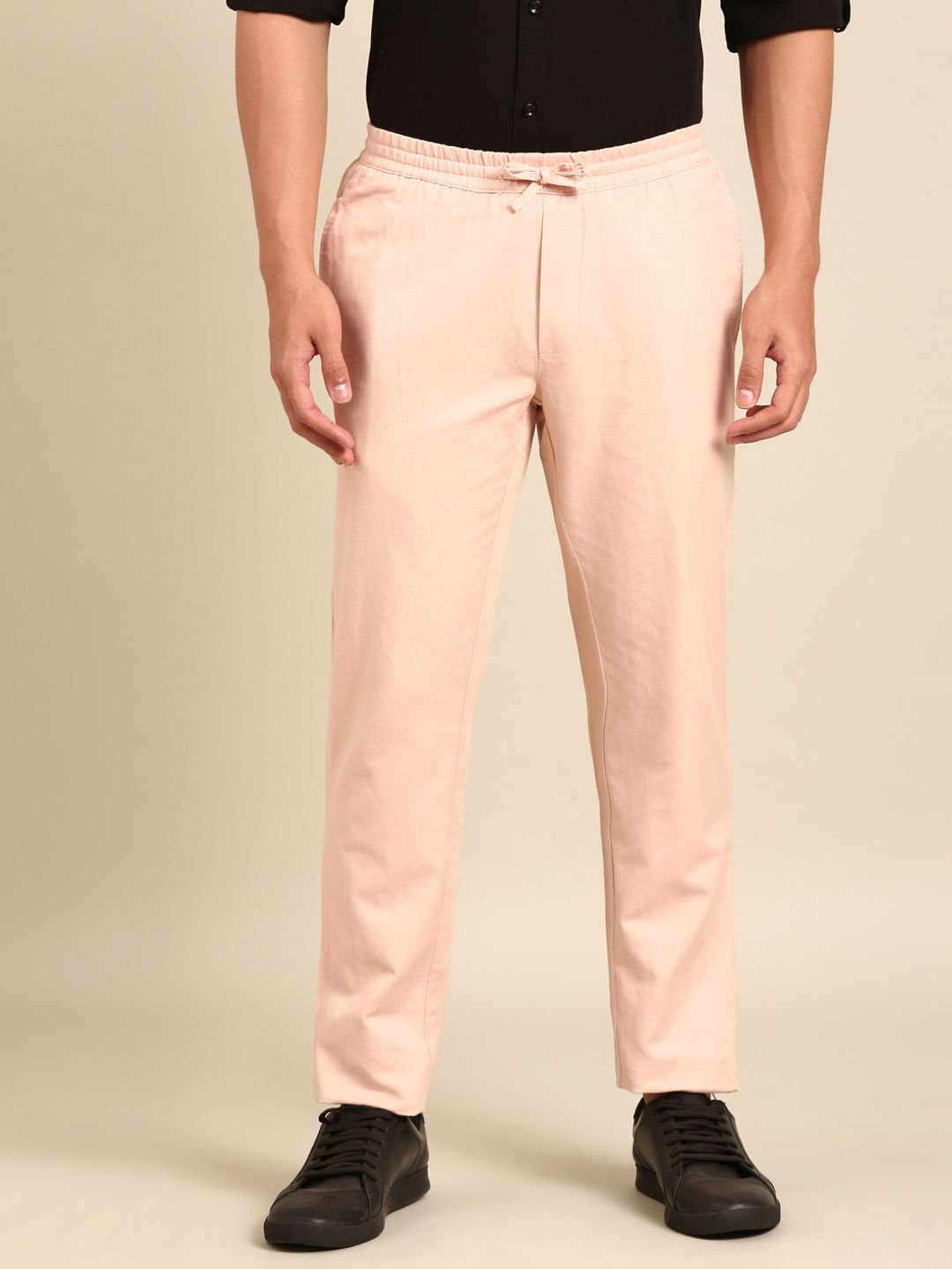 CAVALLO By Linen Club Men's Blended Linen Pink Solid Contemporary Fit Casual Trouser