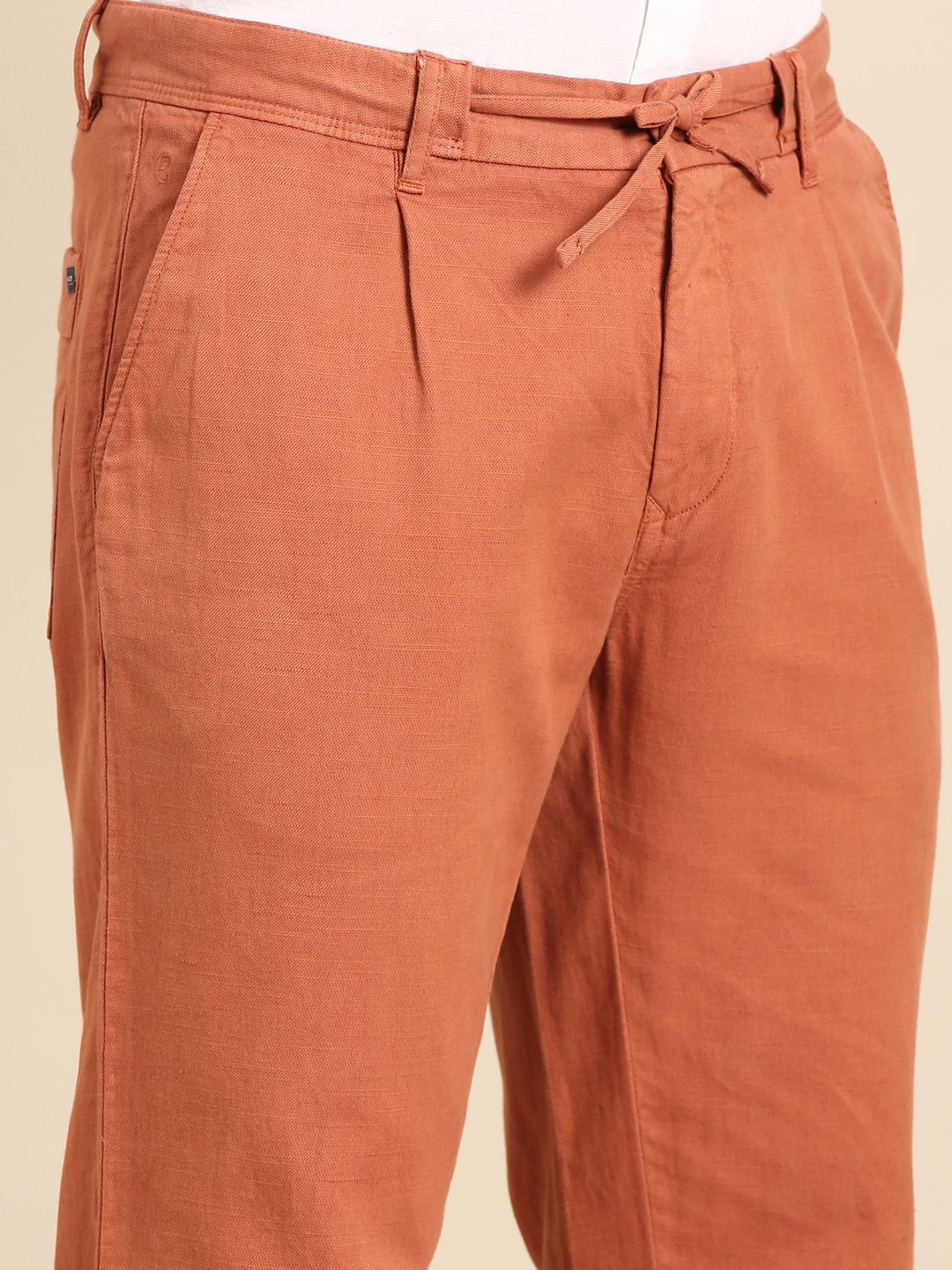 CAVALLO By Linen Club Men's Blended Linen Brown Solid Contemporary Fit Casual Trouser