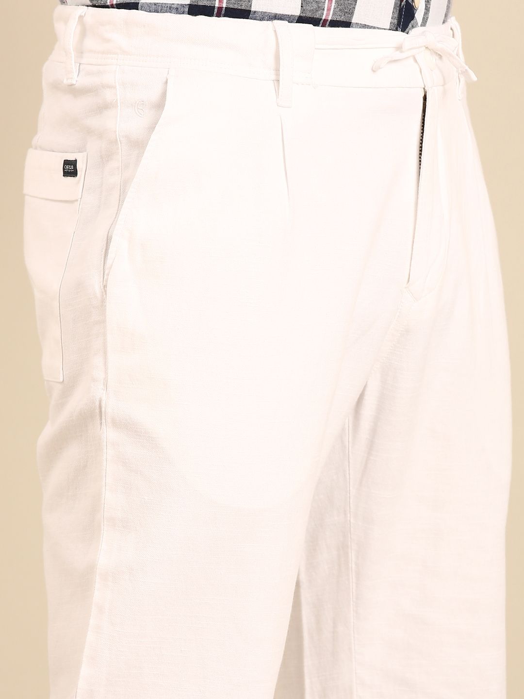 CAVALLO By Linen Club Men's Blended Linen White Solid Contemporary Fit Casual Trouser