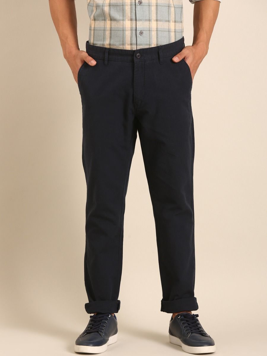 CAVALLO by Linen Club Men's Blended Linen Dark Blue Solid Contemporary Fit Casual Trouser