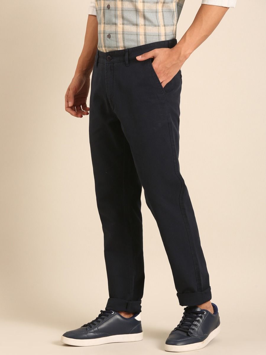 CAVALLO by Linen Club Men's Blended Linen Dark Blue Solid Contemporary Fit Casual Trouser