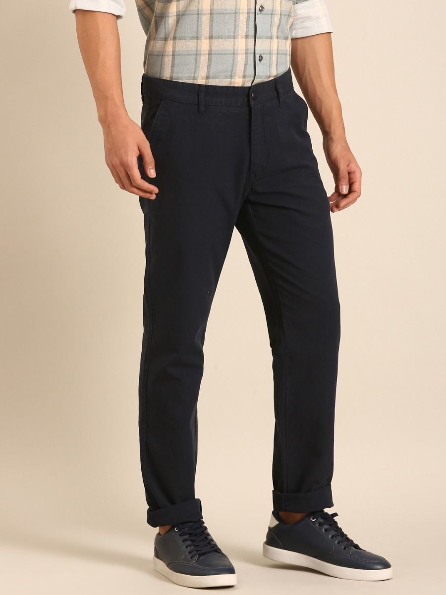 CAVALLO by Linen Club Men's Blended Linen Dark Blue Solid Contemporary Fit Casual Trouser