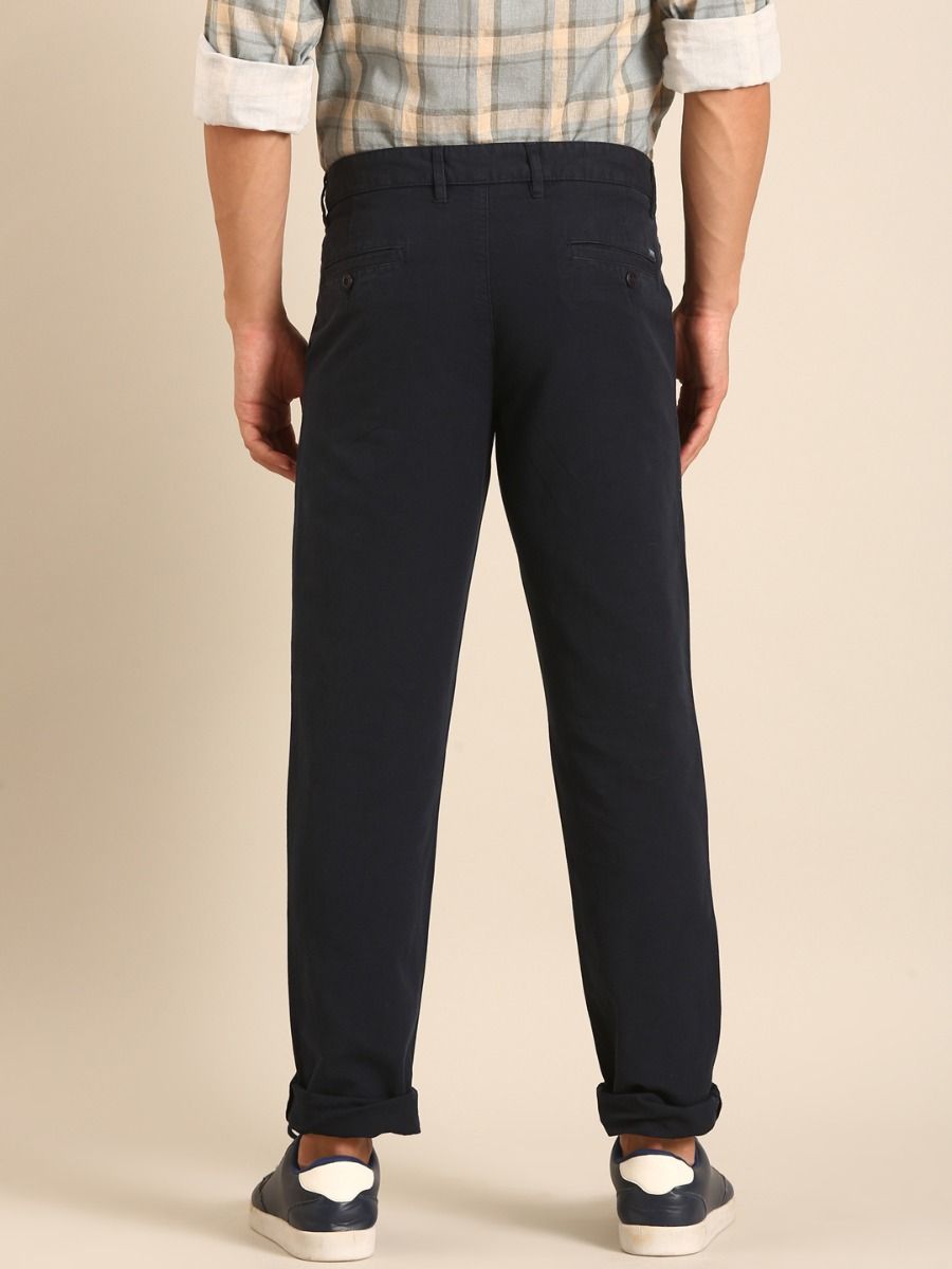 CAVALLO by Linen Club Men's Blended Linen Dark Blue Solid Contemporary Fit Casual Trouser