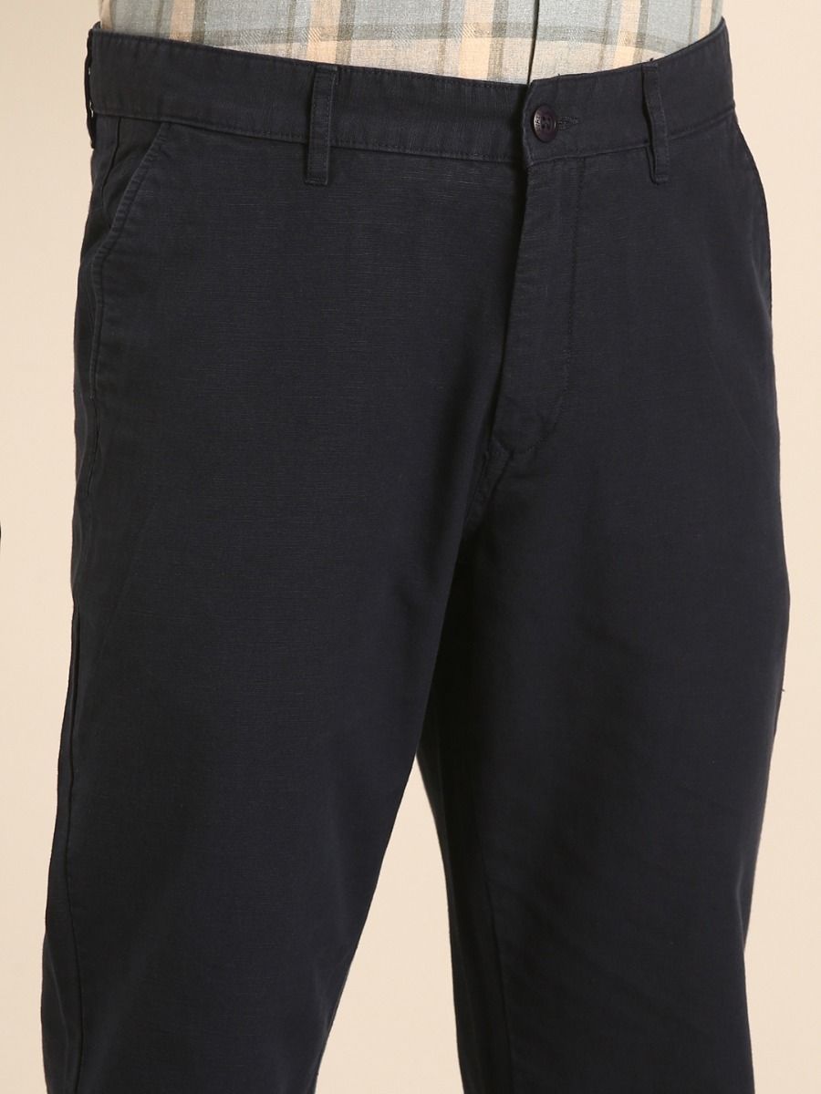 CAVALLO by Linen Club Men's Blended Linen Dark Blue Solid Contemporary Fit Casual Trouser