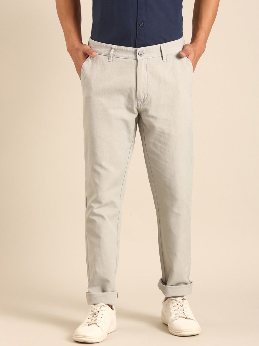 CAVALLO by Linen Club Men's Blended Linen Light Grey Solid Contemporary Fit Casual Trouser