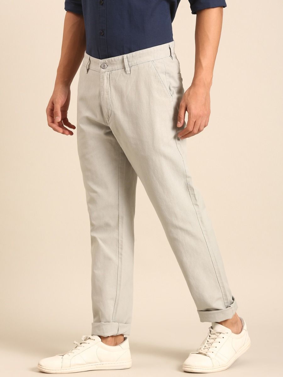 CAVALLO by Linen Club Men's Blended Linen Light Grey Solid Contemporary Fit Casual Trouser