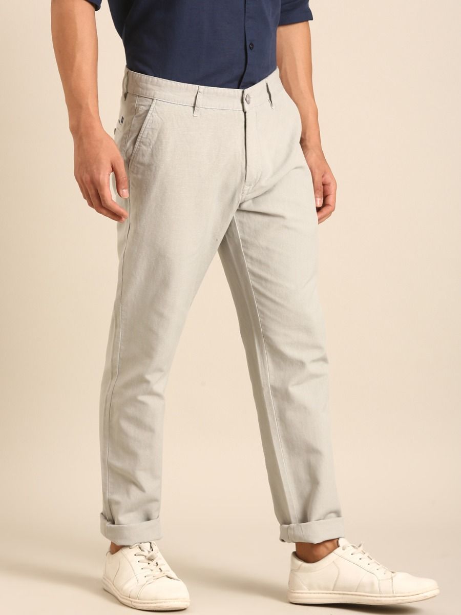 CAVALLO by Linen Club Men's Blended Linen Light Grey Solid Contemporary Fit Casual Trouser