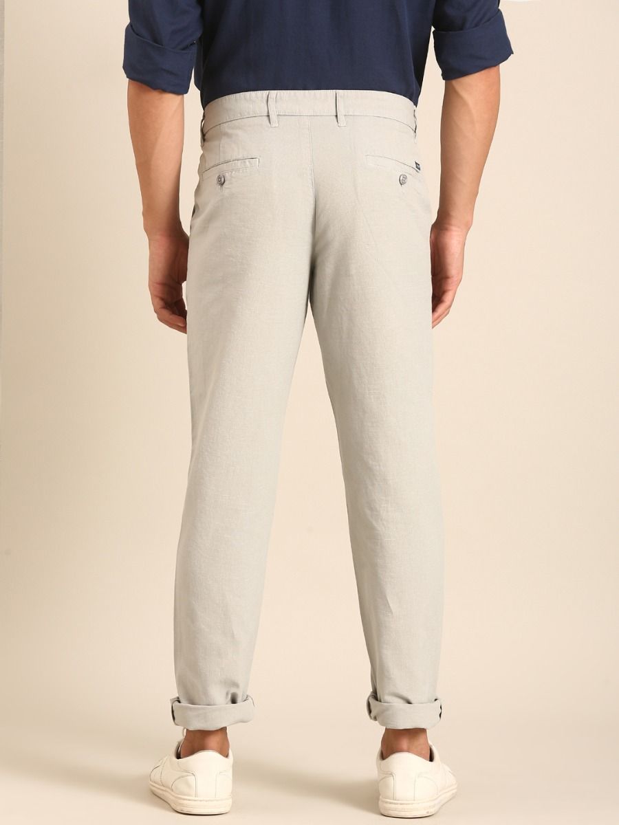 CAVALLO by Linen Club Men's Blended Linen Light Grey Solid Contemporary Fit Casual Trouser