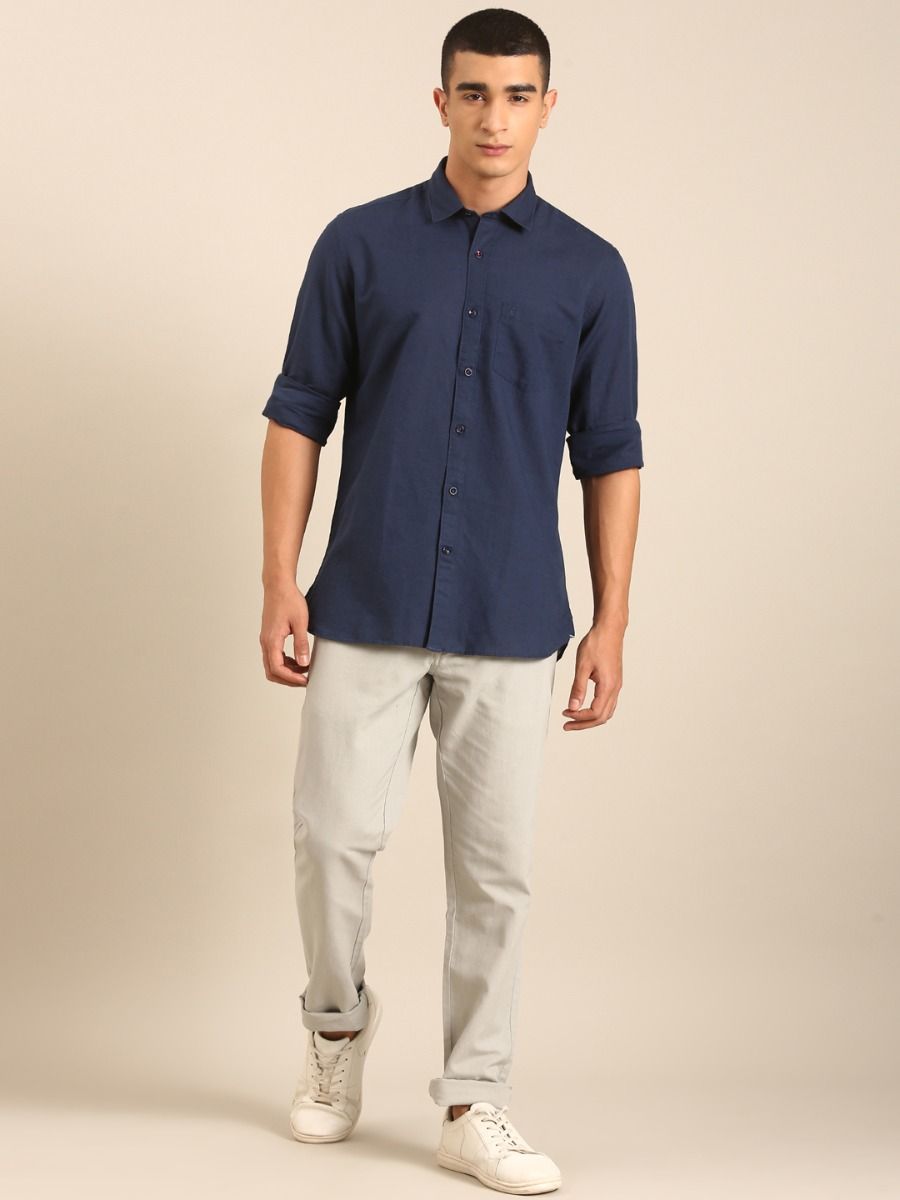 CAVALLO by Linen Club Men's Blended Linen Light Grey Solid Contemporary Fit Casual Trouser