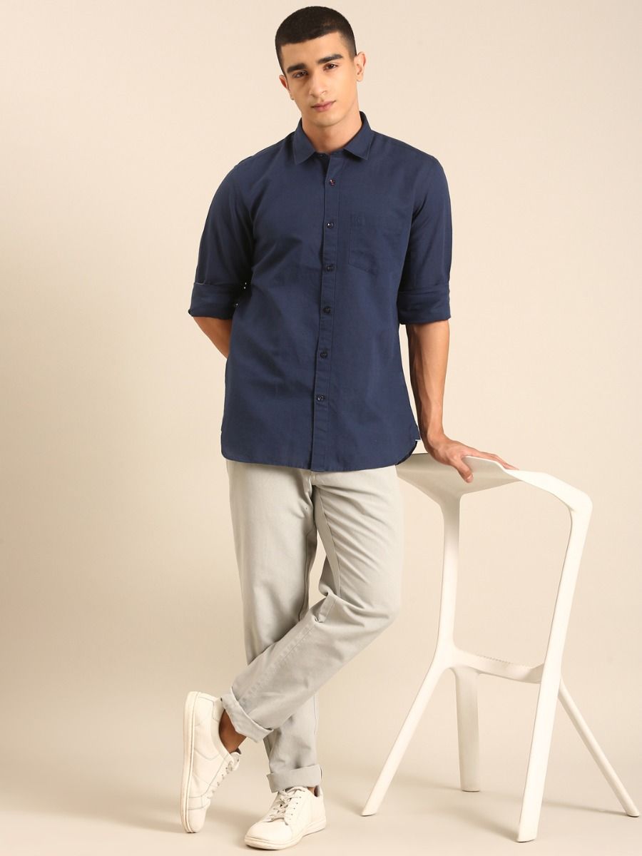 CAVALLO by Linen Club Men's Blended Linen Light Grey Solid Contemporary Fit Casual Trouser