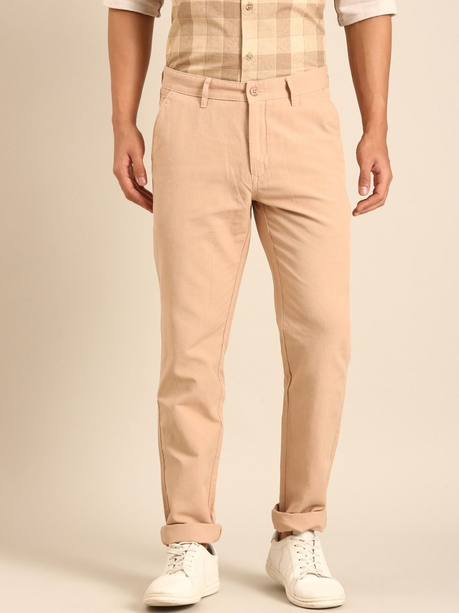 CAVALLO by Linen Club Men's Blended Linen Beige Solid Contemporary Fit Casual Trouser