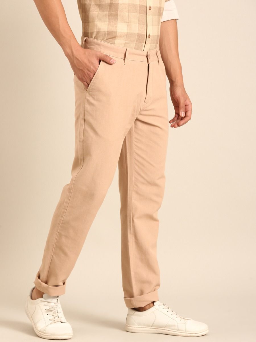 CAVALLO by Linen Club Men's Blended Linen Beige Solid Contemporary Fit Casual Trouser