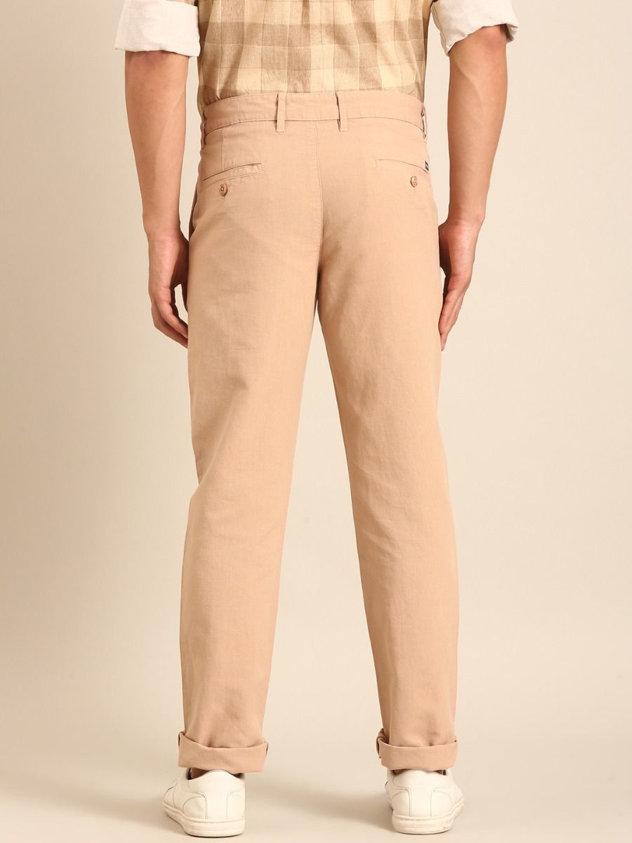 CAVALLO by Linen Club Men's Blended Linen Beige Solid Contemporary Fit Casual Trouser