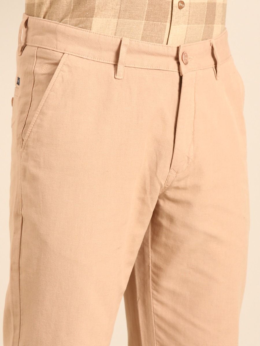 CAVALLO by Linen Club Men's Blended Linen Beige Solid Contemporary Fit Casual Trouser