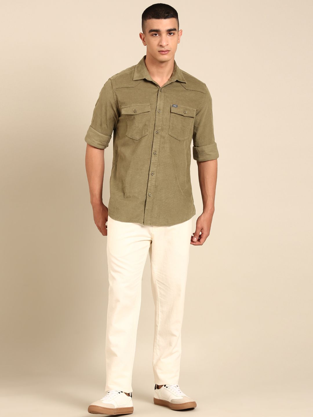 CAVALLO By Linen Club Men's Blended Linen Off White Solid Contemporary Fit Casual Trouser