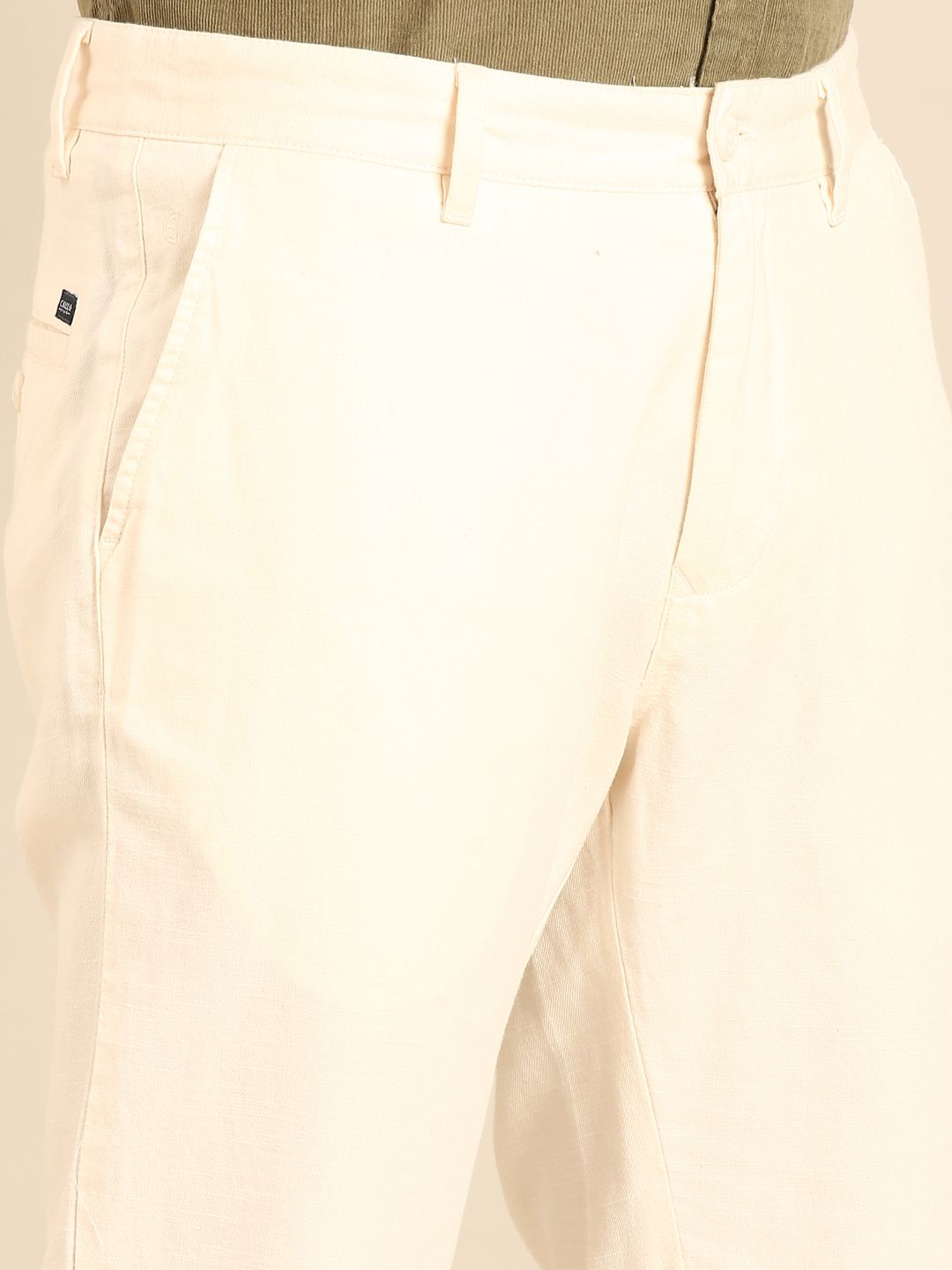 CAVALLO By Linen Club Men's Blended Linen Off White Solid Contemporary Fit Casual Trouser