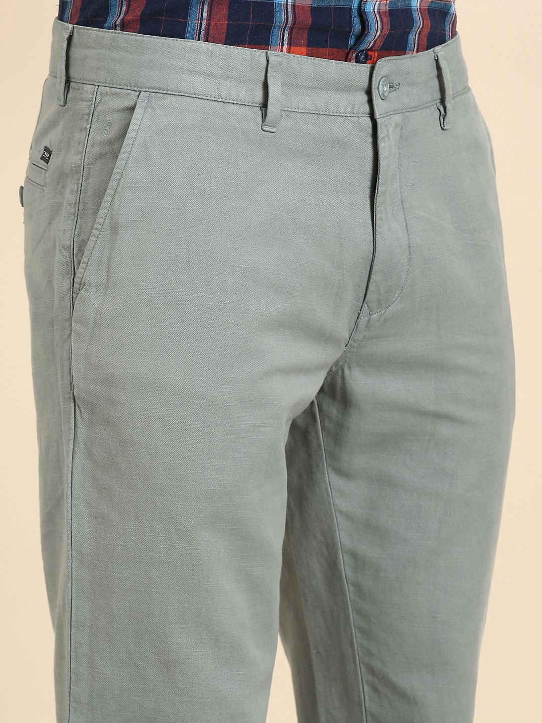 CAVALLO by Linen Club Men's Blended Linen Light Blue Solid Contemporary Fit Casual Trouser