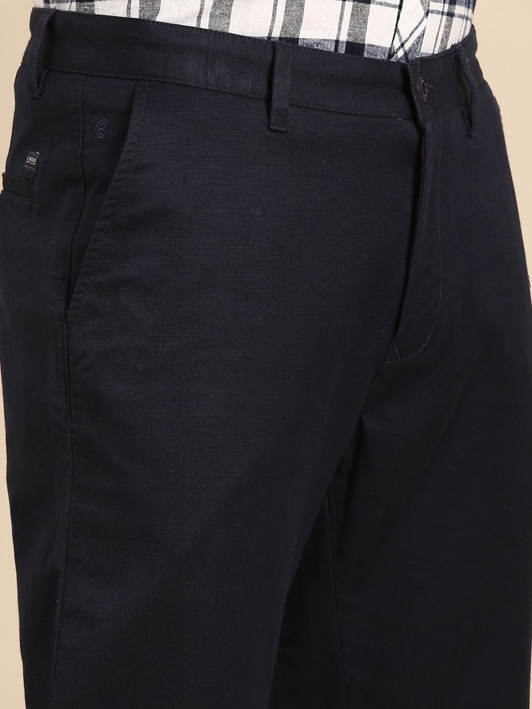 CAVALLO By Linen Club Men's Blended Linen Navy Solid Contemporary Fit Casual Trouser