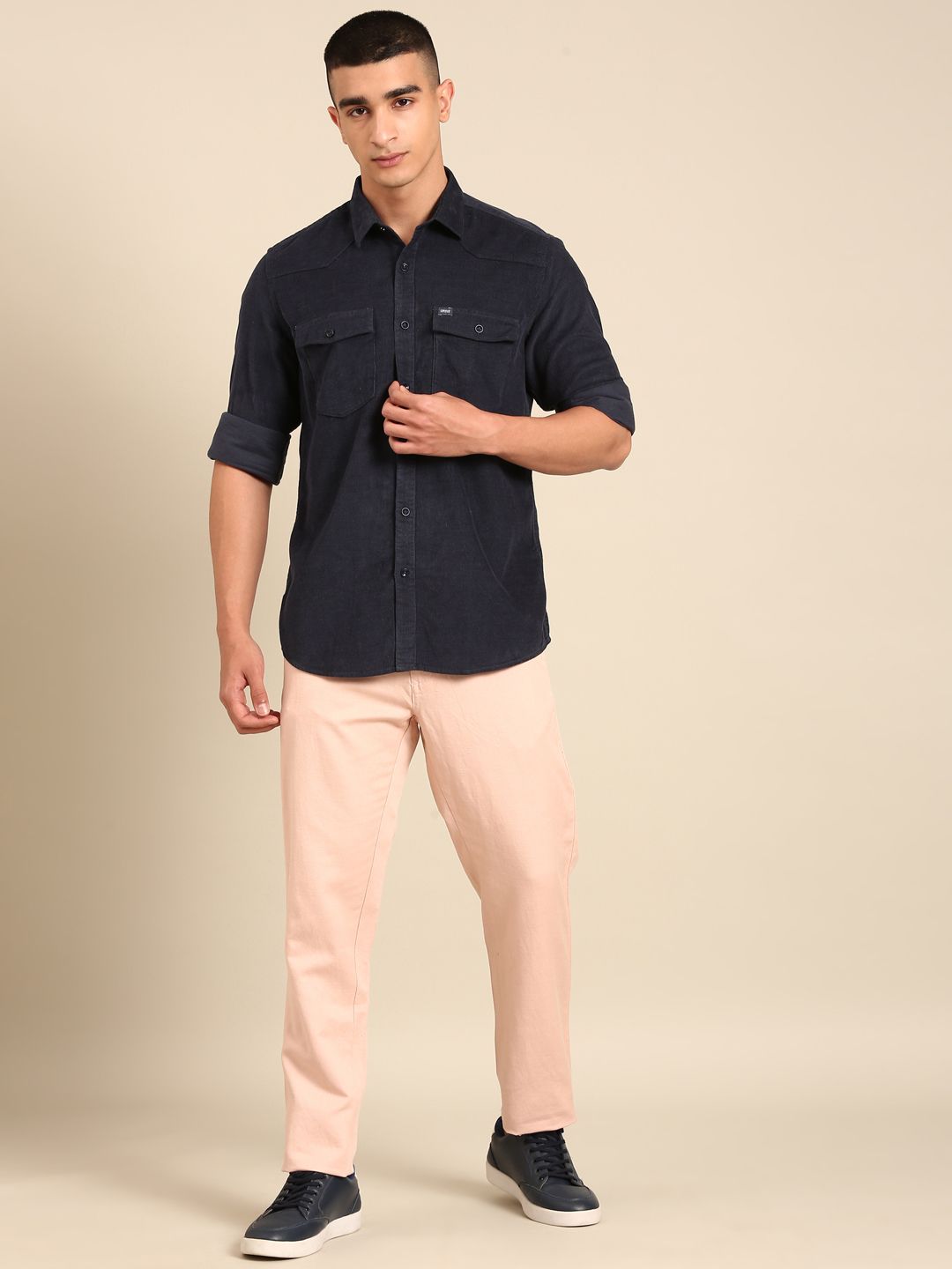 CAVALLO By Linen Club Men's Blended Linen Pink Solid Contemporary Fit Casual Trouser