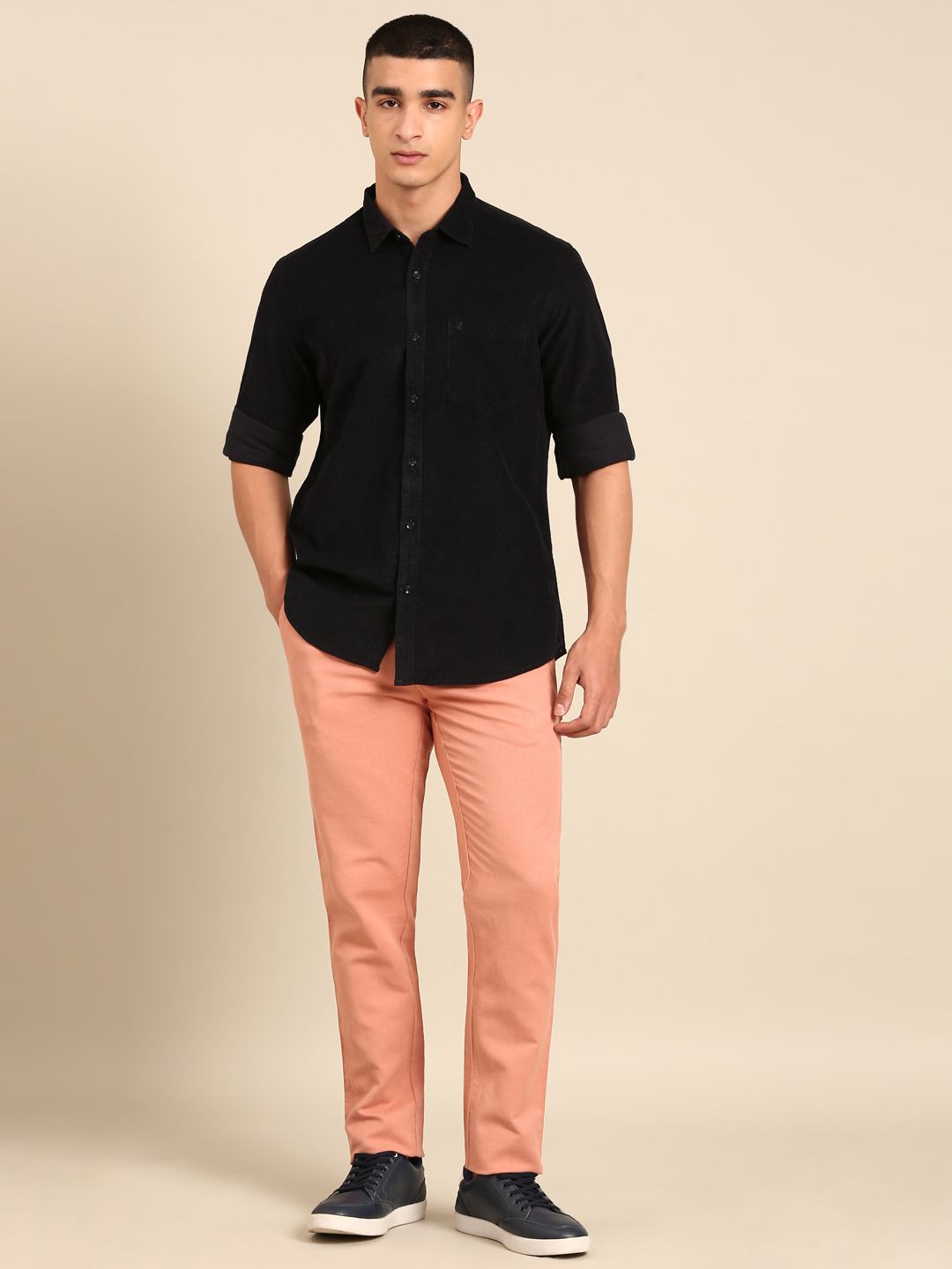 CAVALLO By Linen Club Men's Blended Linen Pink Solid Contemporary Fit Casual Trouser