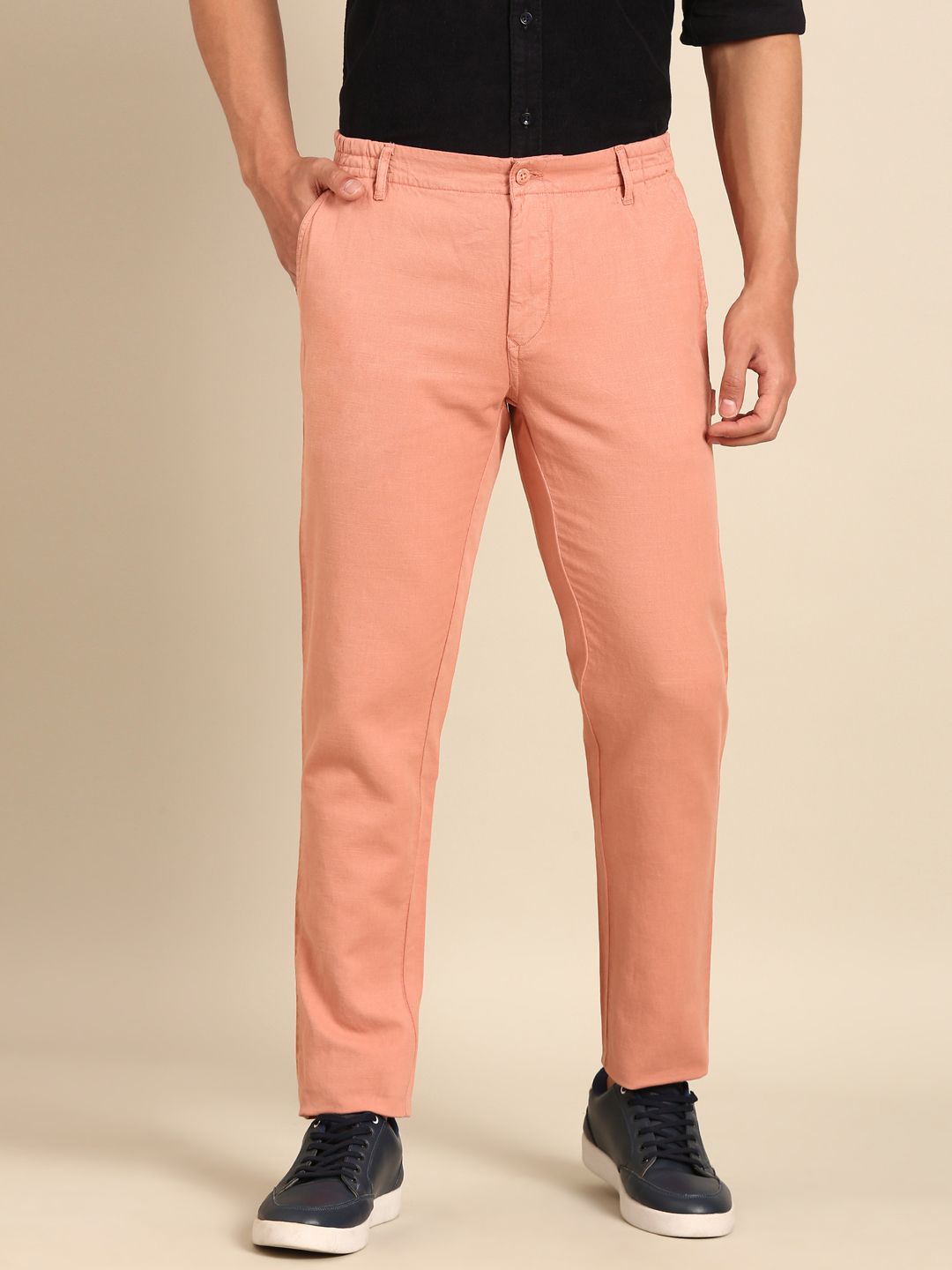 CAVALLO By Linen Club Men's Blended Linen Pink Solid Contemporary Fit Casual Trouser