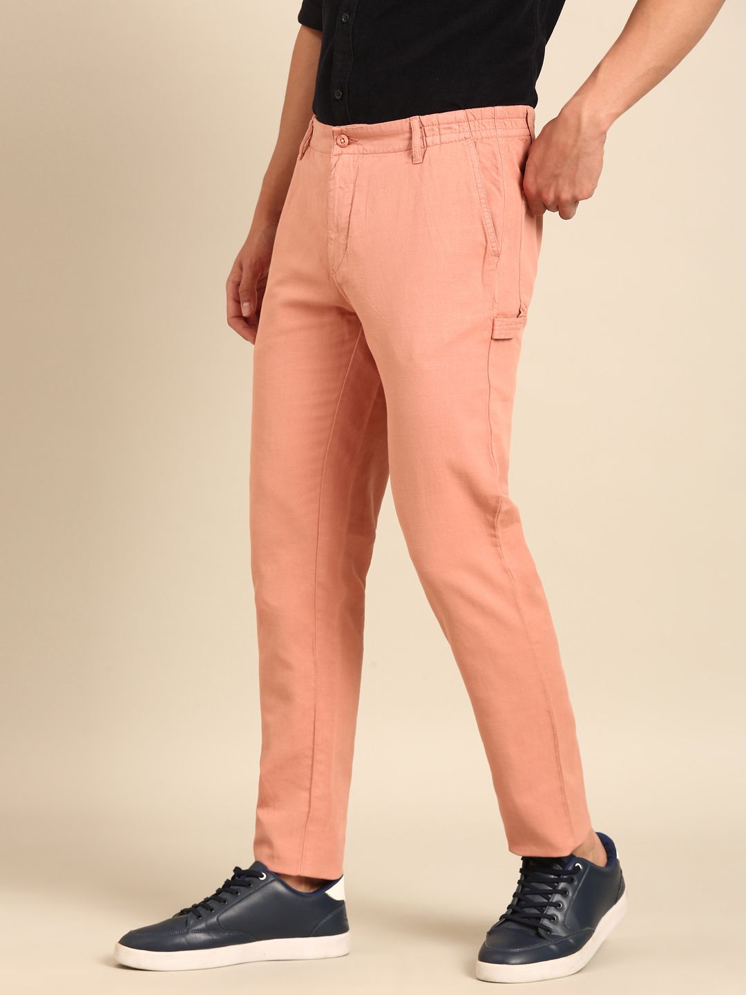 CAVALLO By Linen Club Men's Blended Linen Pink Solid Contemporary Fit Casual Trouser