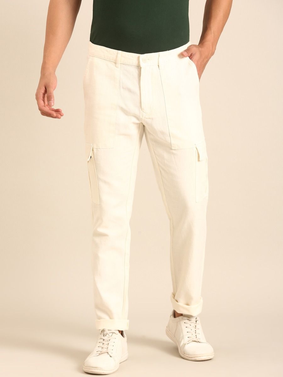 CAVALLO by Linen Club Men's Blended Linen Off White Solid Contemporary Fit Casual Trouser