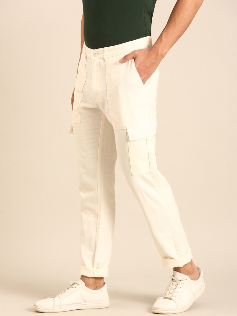 CAVALLO by Linen Club Men's Blended Linen Off White Solid Contemporary Fit Casual Trouser