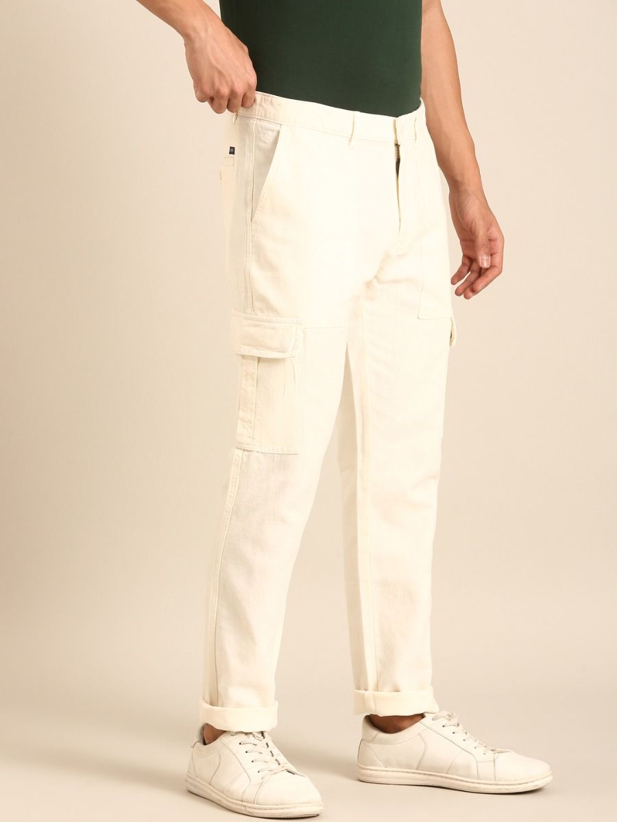 CAVALLO by Linen Club Men's Blended Linen Off White Solid Contemporary Fit Casual Trouser