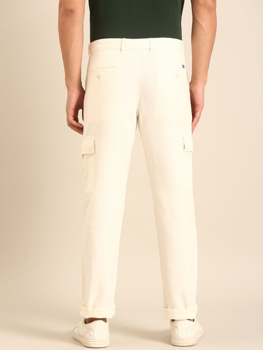 CAVALLO by Linen Club Men's Blended Linen Off White Solid Contemporary Fit Casual Trouser