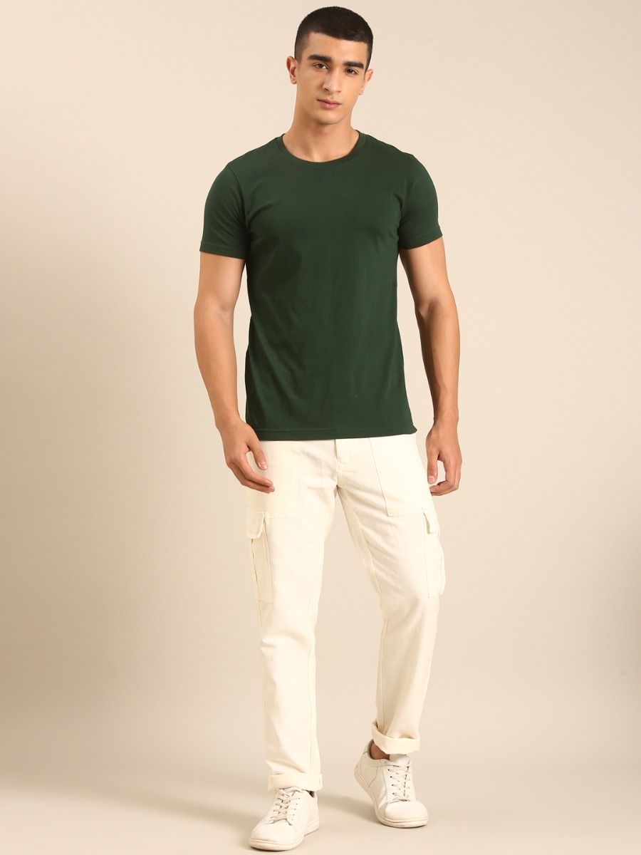 CAVALLO by Linen Club Men's Blended Linen Off White Solid Contemporary Fit Casual Trouser